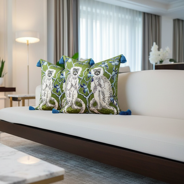Green Grove Monkeys Velvet Pillow Cover