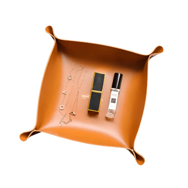 Orange leather valet tray – Key Essentials premium organizer for keys & accessories