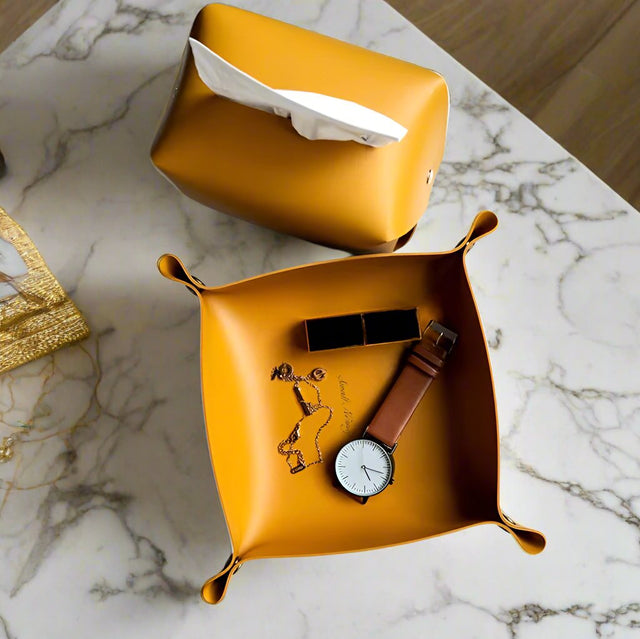 Mustard leather valet tray – Key Essentials premium organizer for keys & accessories
