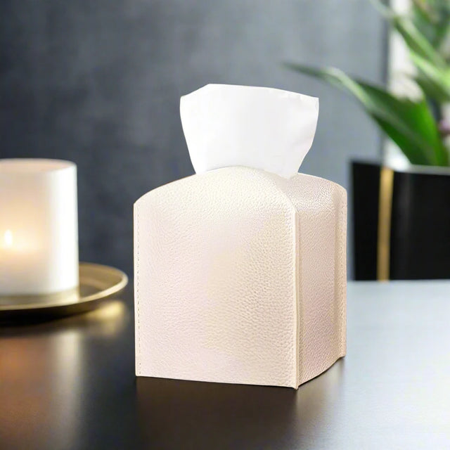 Pristine Leather Tissue Box Holder - White Small