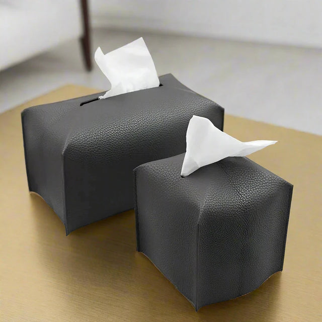 Pristine Leather Tissue Box Holder - Black Large and Small