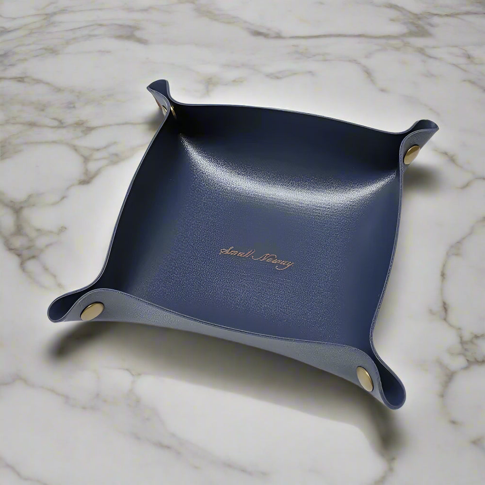 Navy leather valet tray – Key Essentials premium organizer for keys & accessories