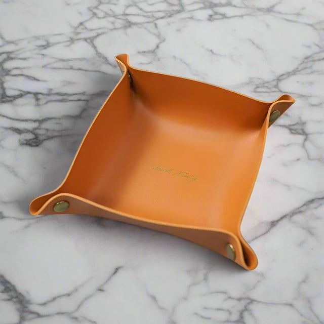 Orange leather valet tray – Key Essentials premium organizer for keys & accessories