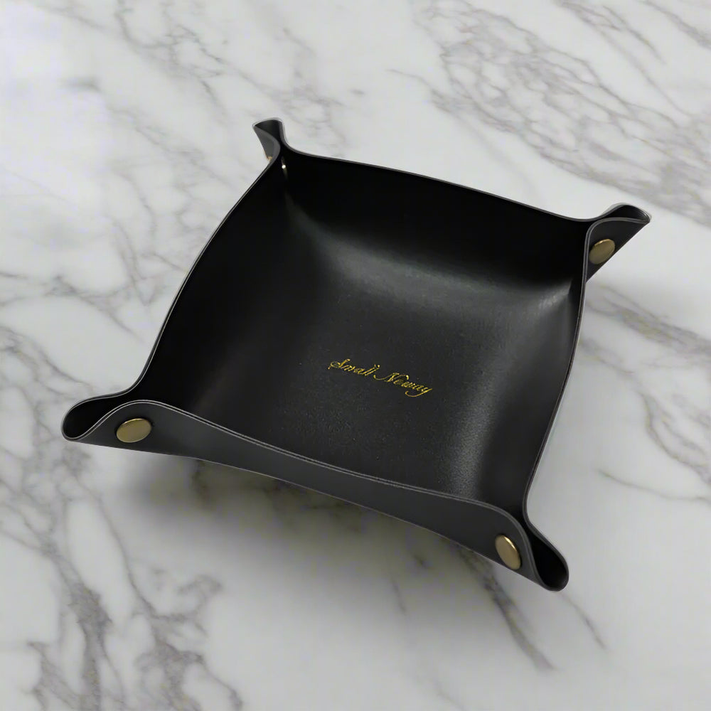 Noir leather valet tray – Key Essentials premium organizer for keys & accessories
