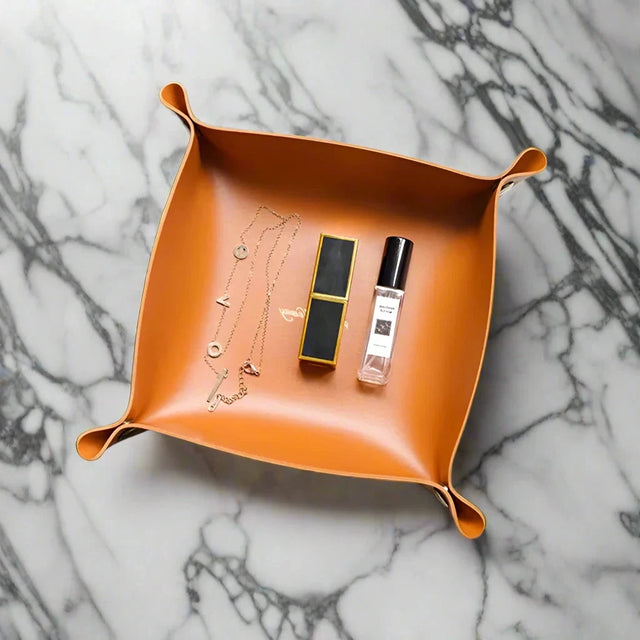 Orange leather valet tray – Key Essentials premium organizer for keys & accessories