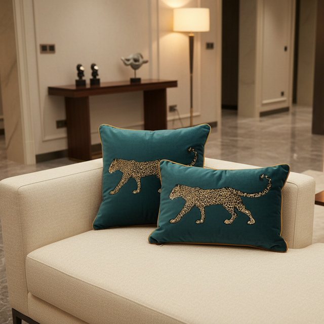 Feline Majesty Embroidered Pillow Cover